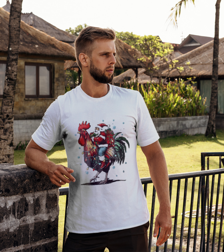 Caricature Santa Riding Rooster With Christmas Presents And Snowflakes T-Shirt