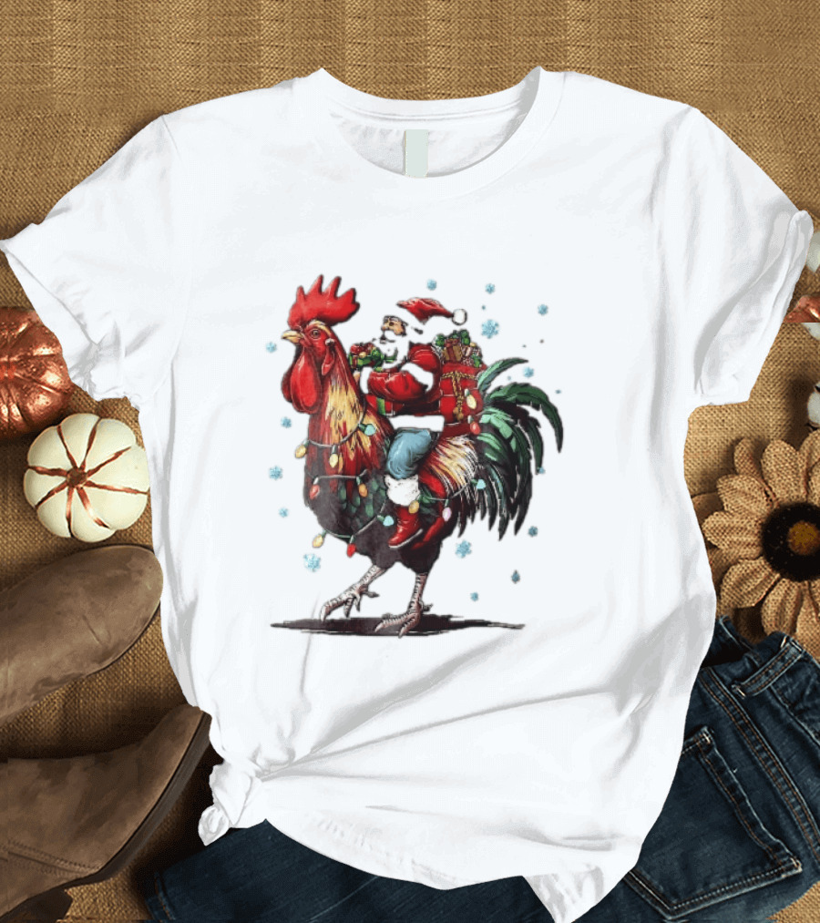 Caricature Santa Riding Rooster With Christmas Presents And Snowflakes T-Shirt