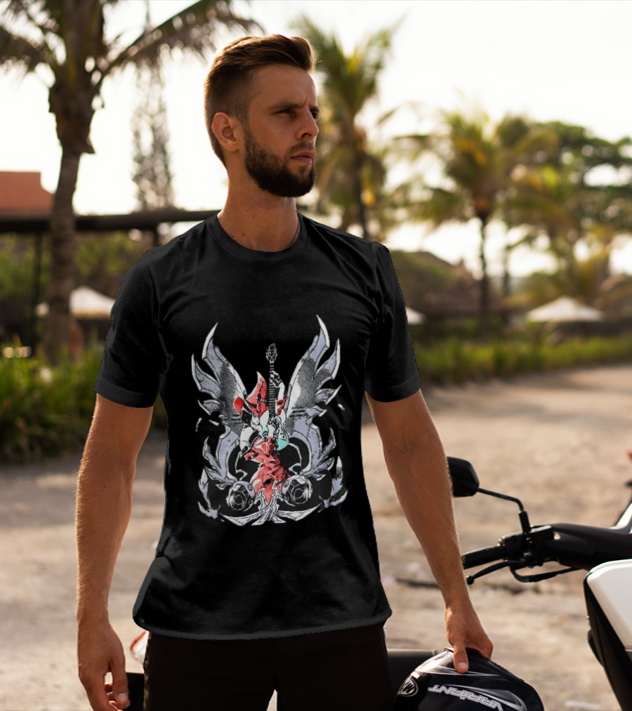 Anime Girl With Wings Holding Guitar Angelic Rock Star Fantasy T-Shirt
