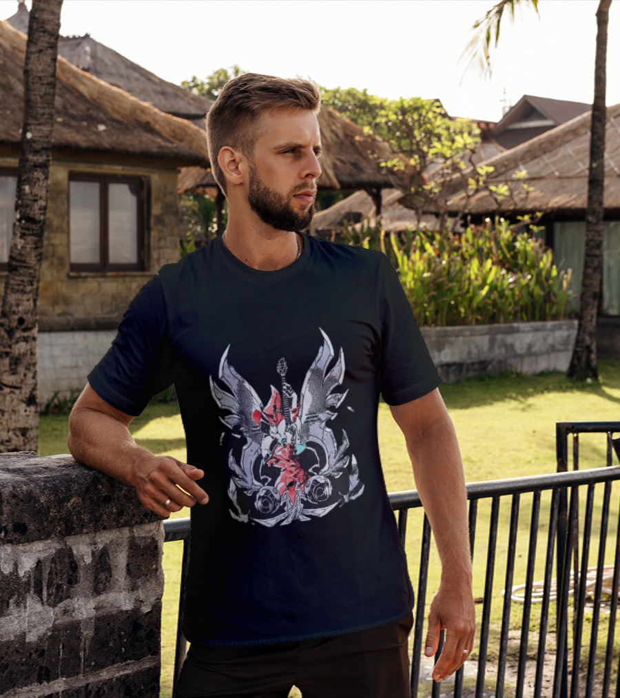 Anime Girl With Wings Holding Guitar Angelic Rock Star Fantasy T-Shirt