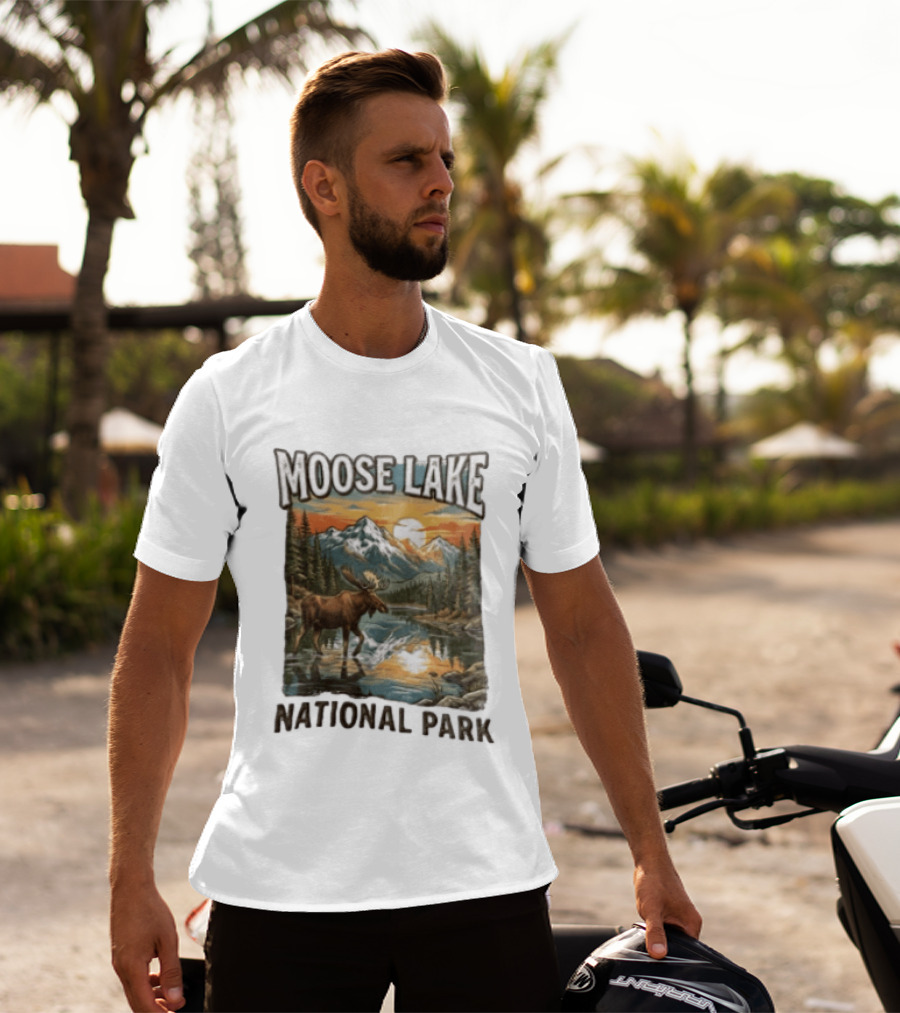 Moose Lake National Park Moose In Water Scenic Mountain Landscape T-Shirt