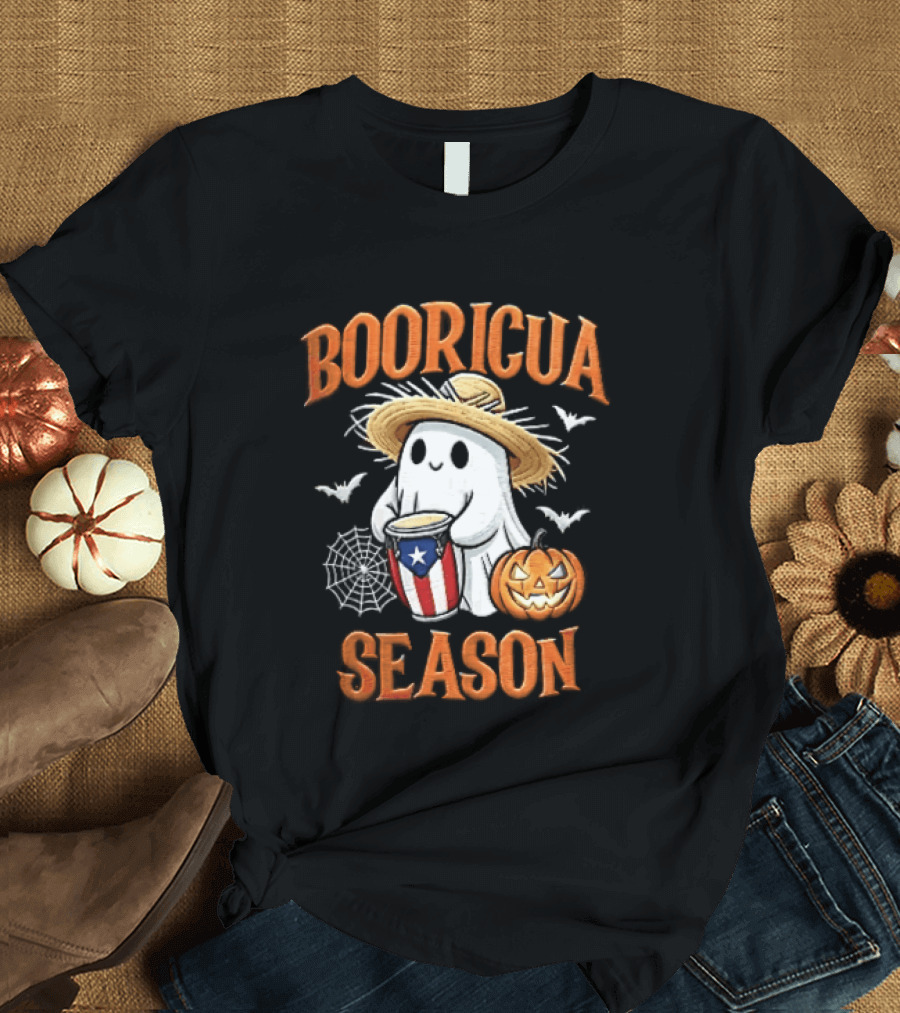 Booricua Season Ghost With Puerto Rico Flag Conga And Pumpkin T-Shirt