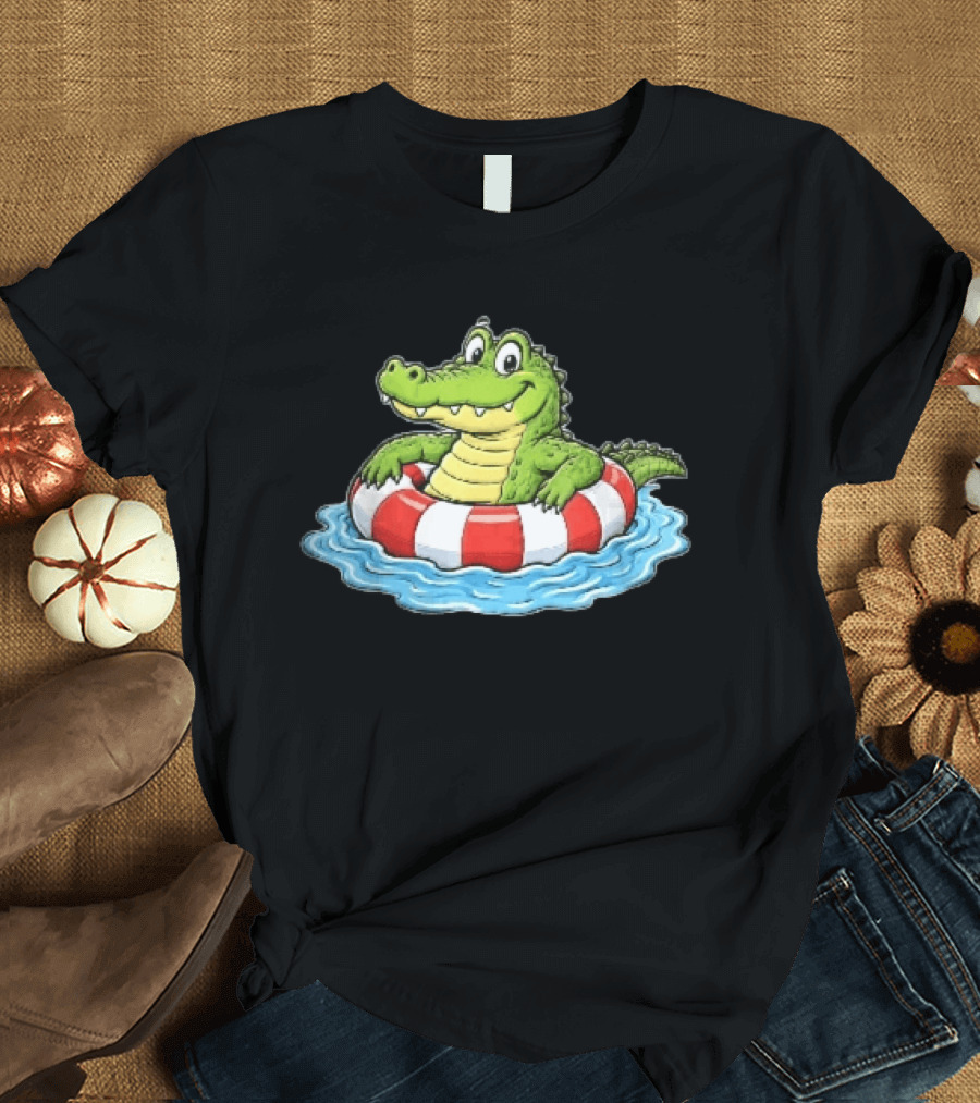 Cartoon Crocodile Relaxing In Red And White Life Buoy On Water T-Shirt