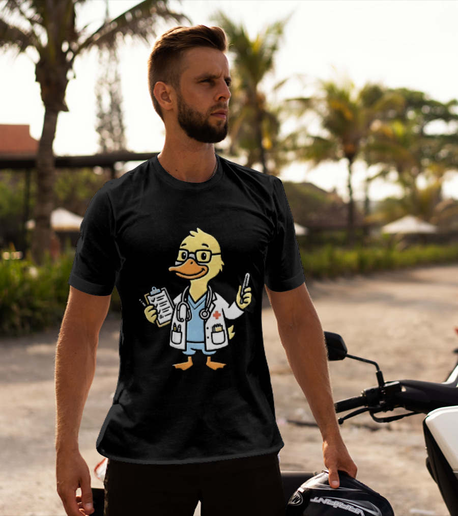 Cartoon Yellow Duck Doctor With Stethoscope Thermometer And Clipboard T-Shirt