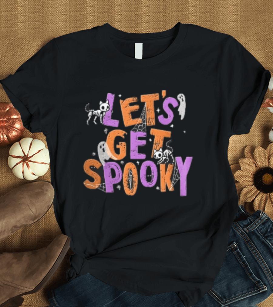Let's Get Spooky Skeleton Cats Ghosts Spiderwebs Halloween T-Shirt