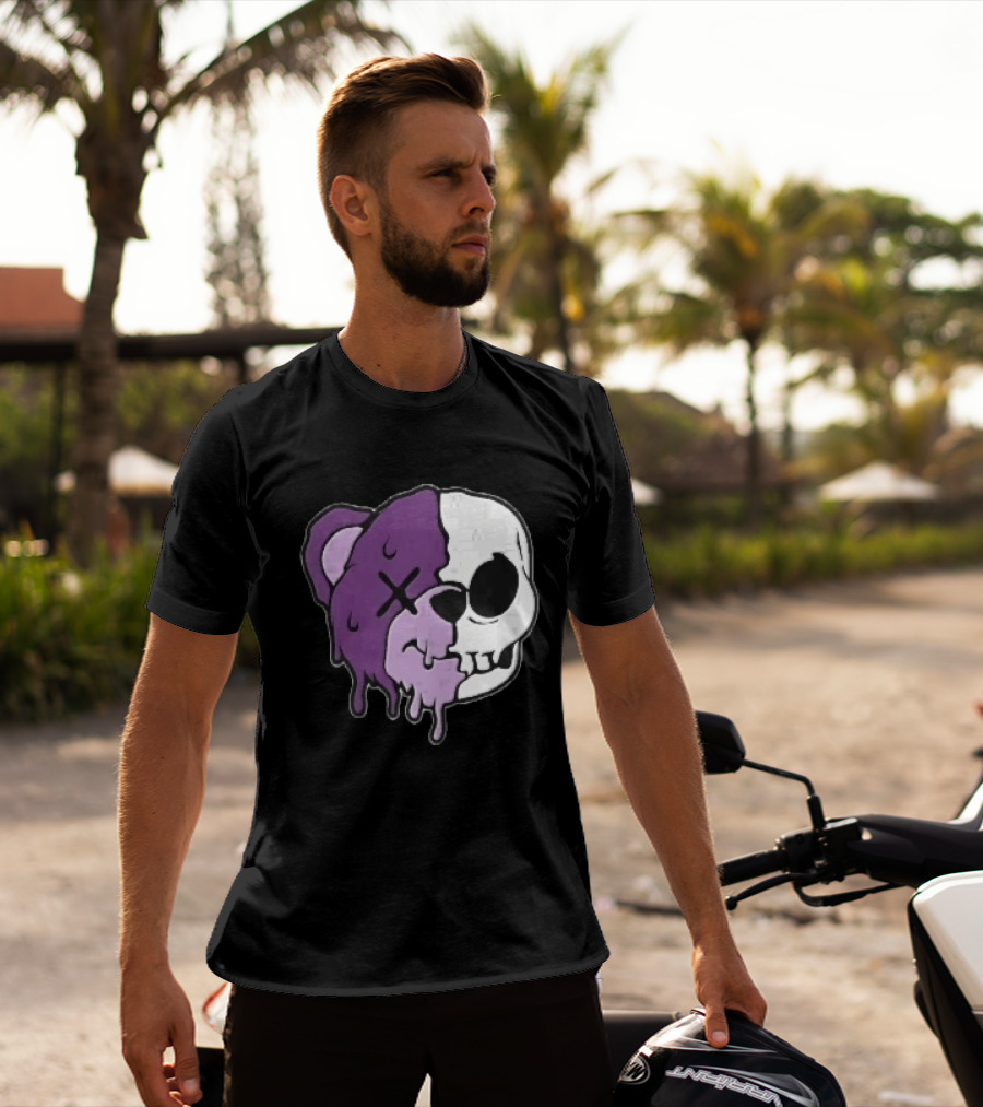 Dripping Purple Teddy Bear Skull Split Face Cartoon T-Shirt