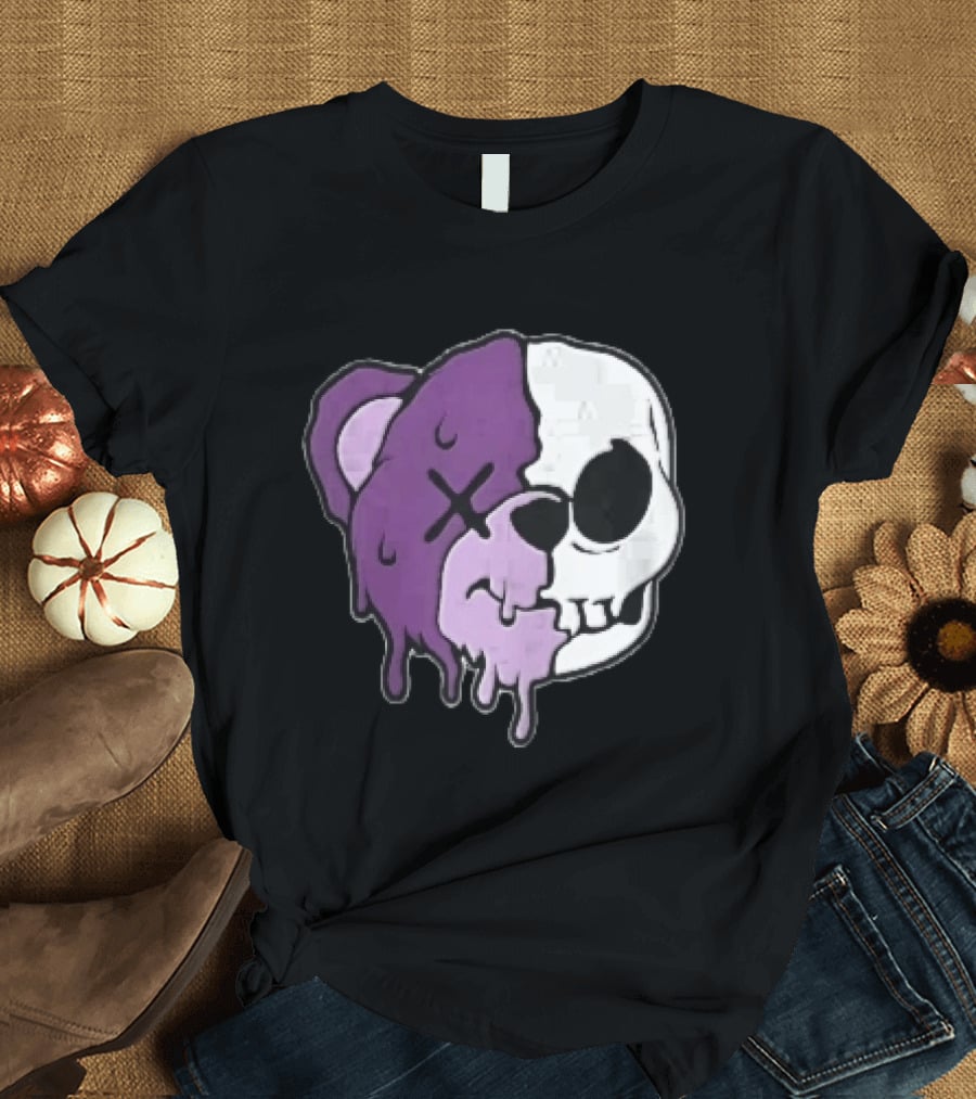 Dripping Purple Teddy Bear Skull Split Face Cartoon T-Shirt