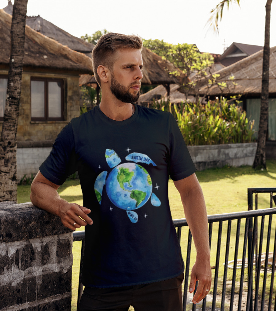 Earth Day April 22 Watercolor Globe Sea Turtle Outer Space T-Shirt