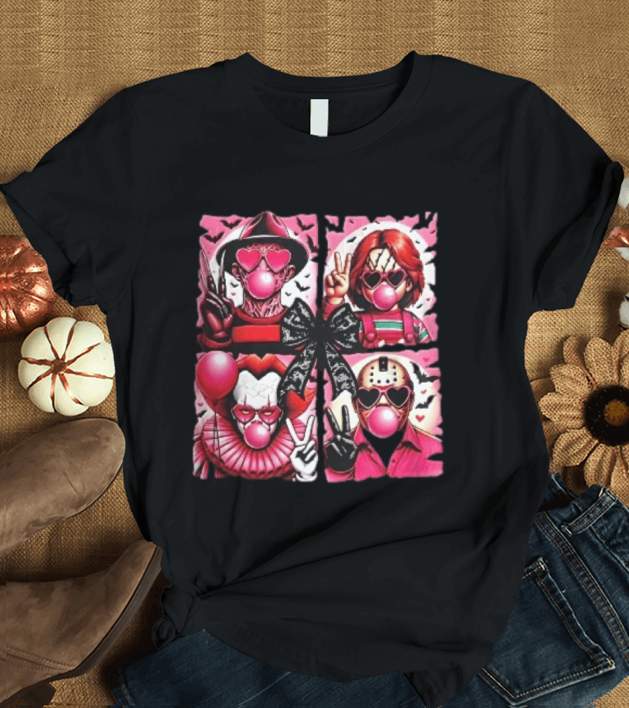 Heart Sunglasses Bubblegum Horror Villains With Peace Signs And Lace Bow T-Shirt