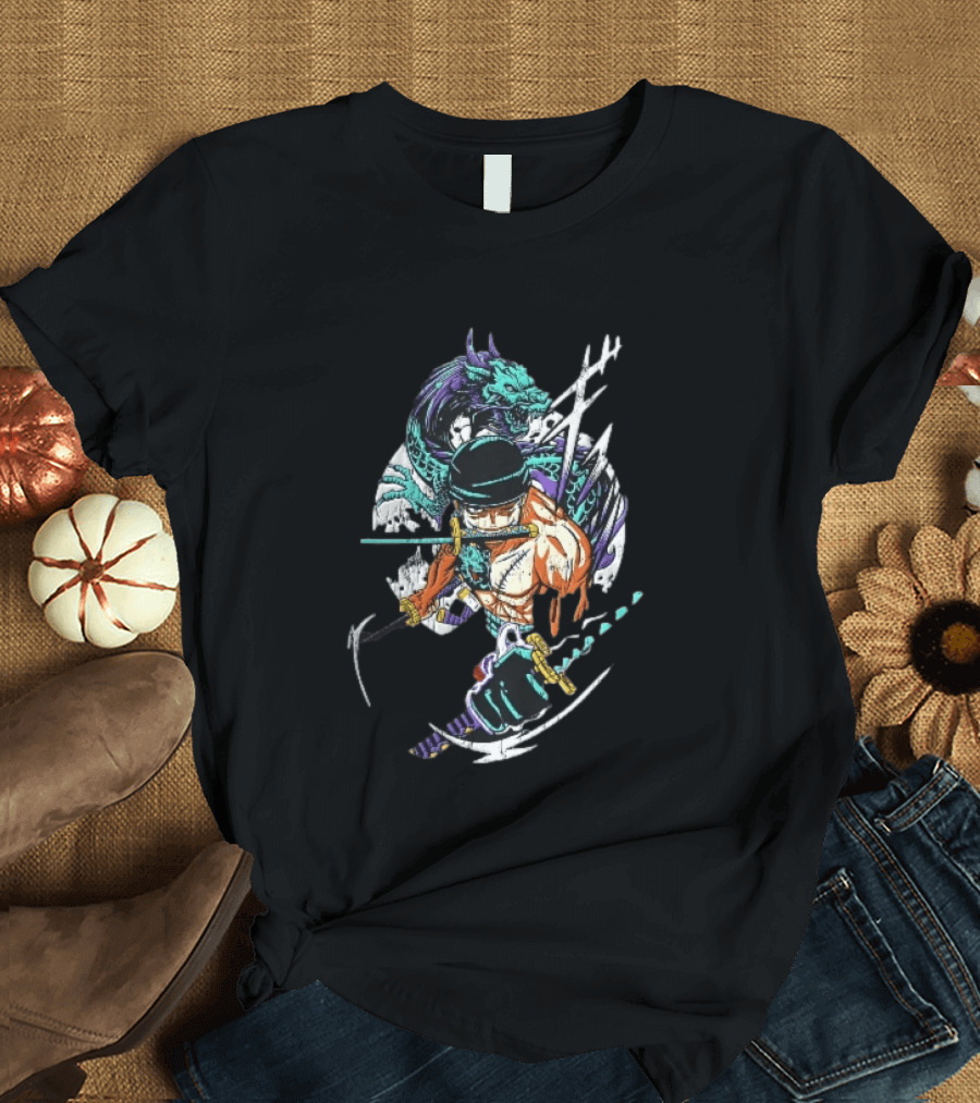 Three Sword Anime Fighter Green Dragon Warrior Distressed T-Shirt