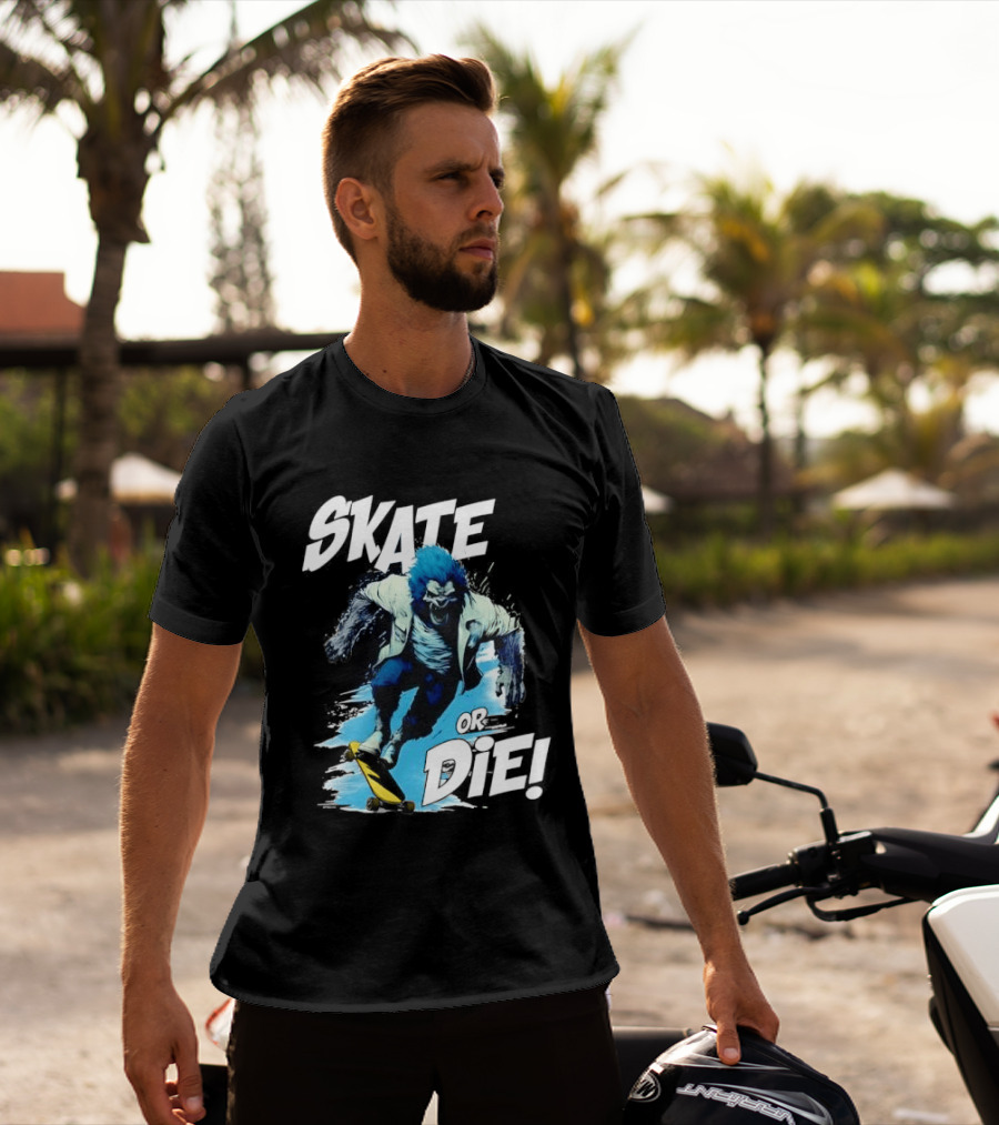 Skate Or Die Wolfy Classic Blue Werewolf Skateboarding T-Shirt
