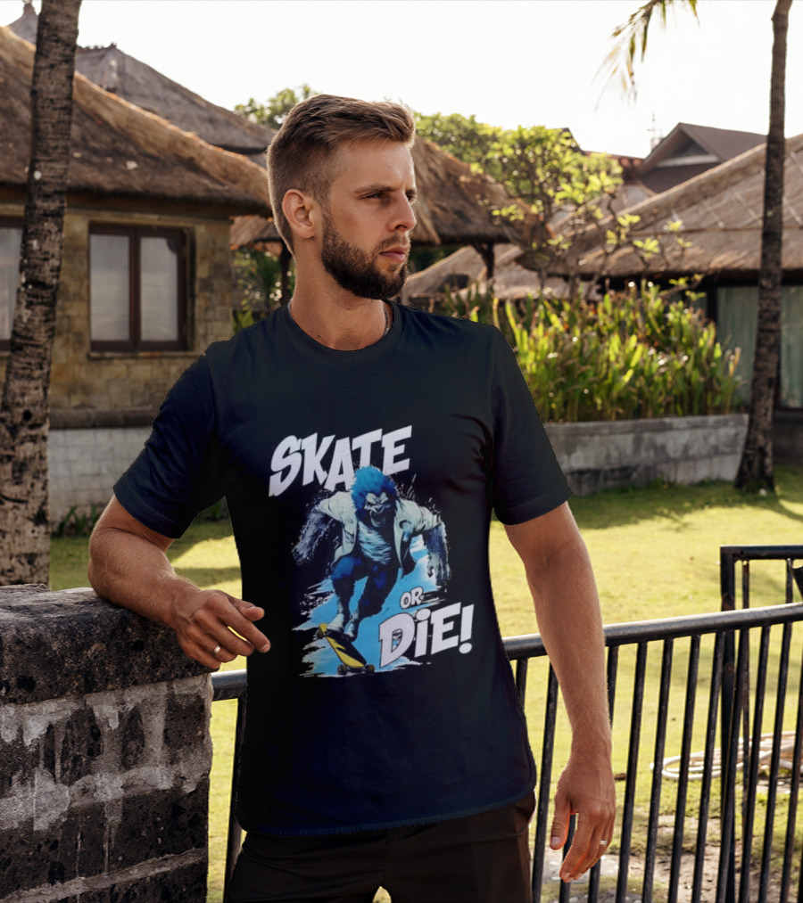 Skate Or Die Wolfy Classic Blue Werewolf Skateboarding T-Shirt