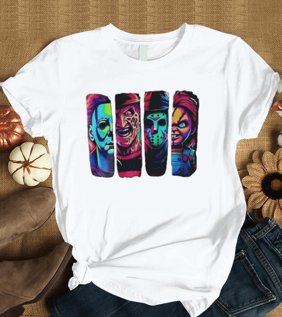 Fluorescent Horror Movie Slasher Faces Vertical Panels T-Shirt
