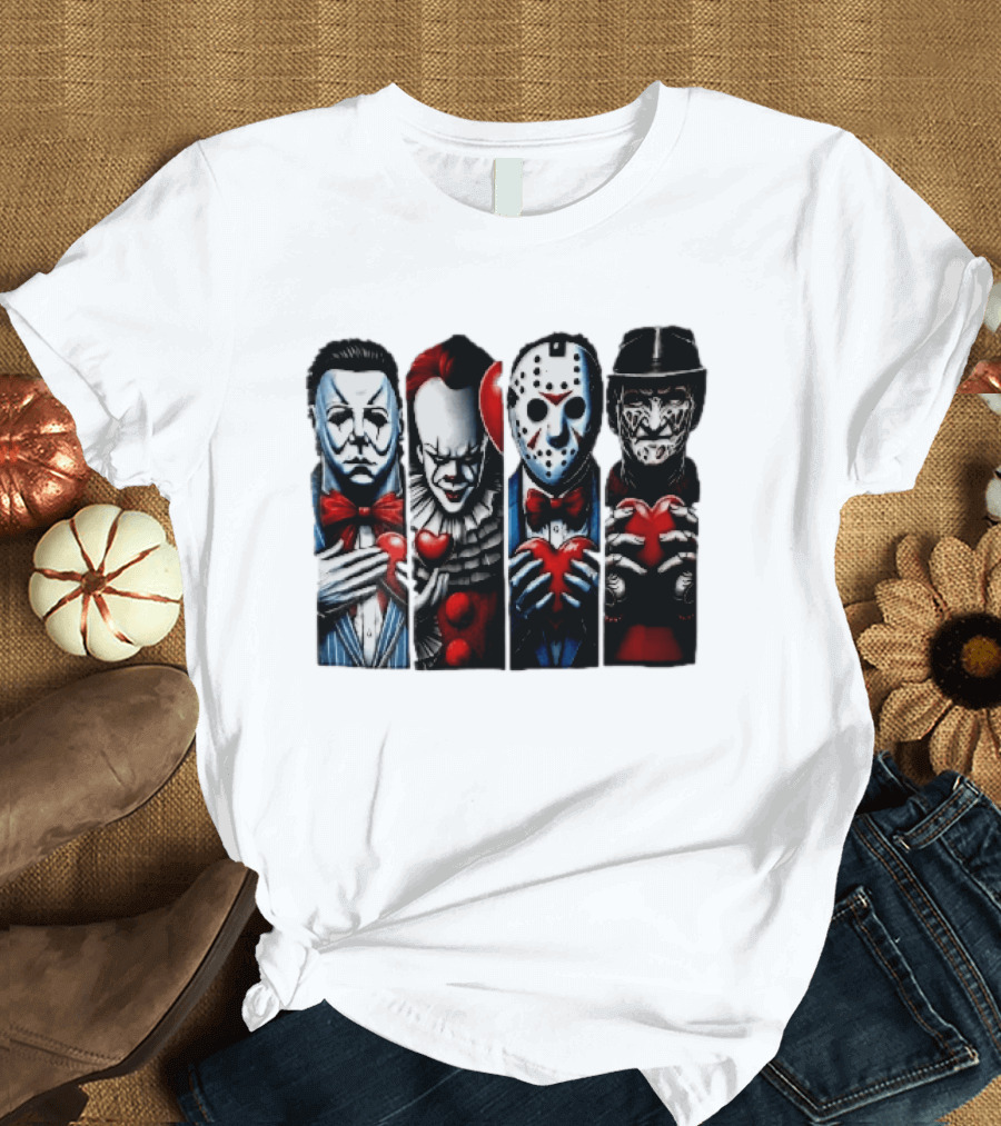 Classic Horror Villains With Red Valentine Hearts T-Shirt