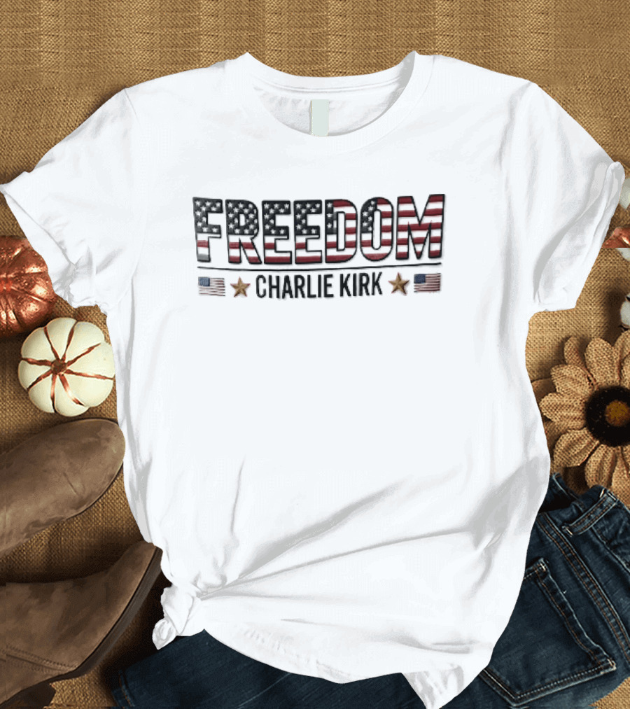 Freedom Charlie Kirk American Flag Bronze Stars T-Shirt