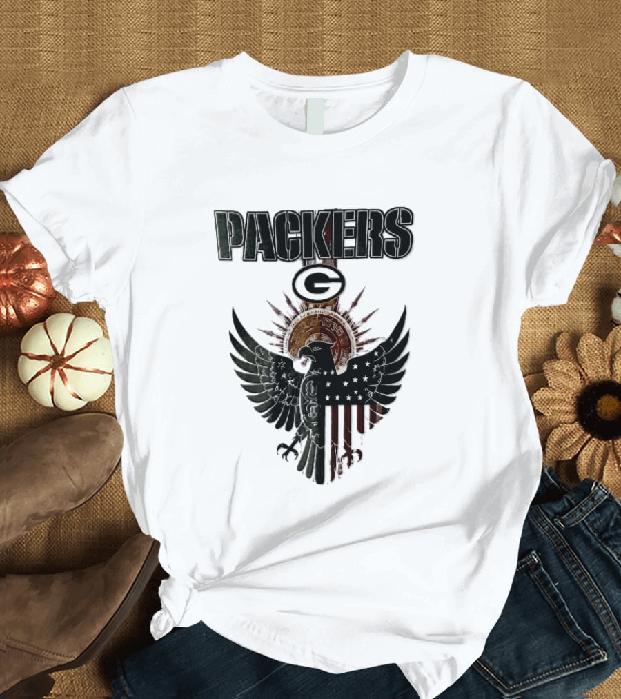 Packers Green Bay Eagle American Flag Aztec Sun T-Shirt