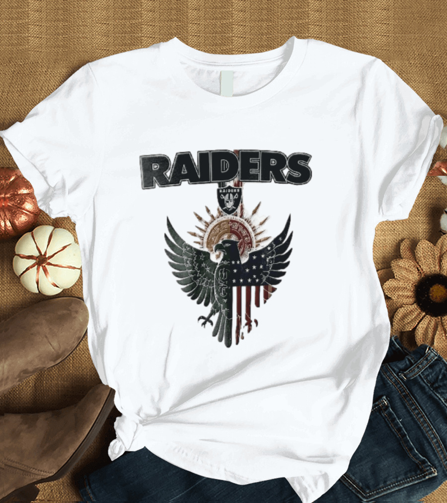 Las Vegas Raiders Mexican American Flag Split Aztec Eagle T-Shirt
