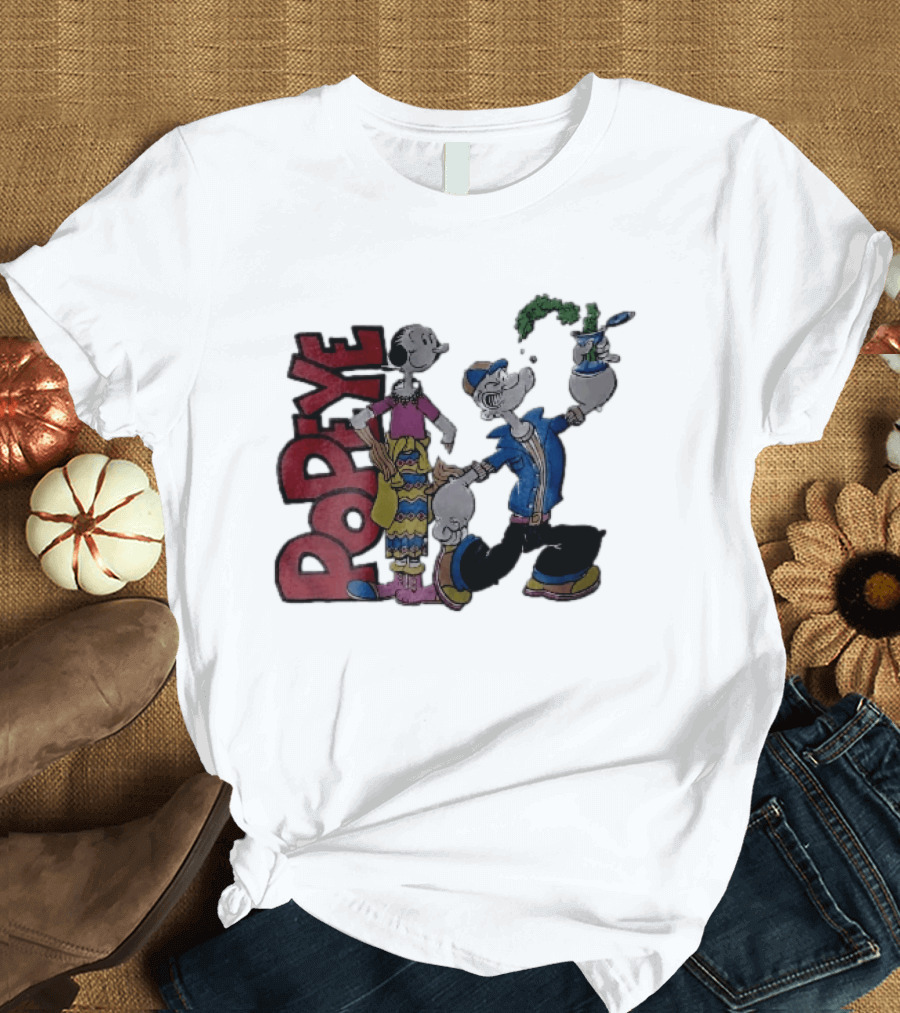 Popeye Cartoon Character With Olive Oyl Squeezing Spinach Can T-Shirt
