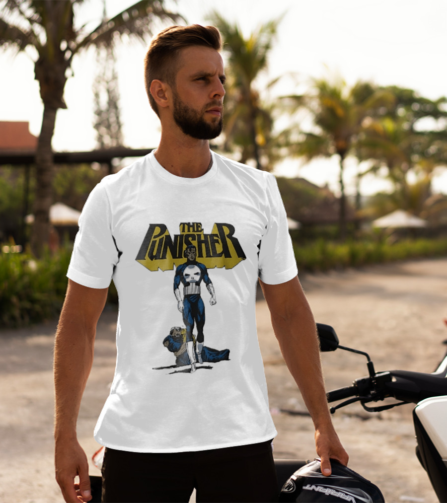 The Punisher Superhero Skull Comic Walking Scene With Defeated Man T-Shirt