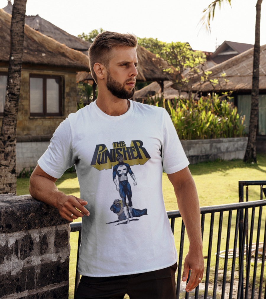 The Punisher Superhero Skull Comic Walking Scene With Defeated Man T-Shirt