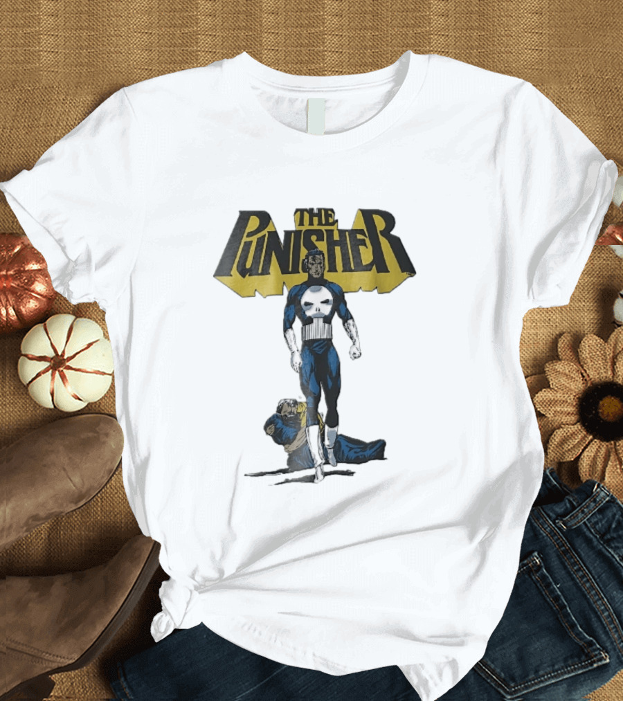 The Punisher Superhero Skull Comic Walking Scene With Defeated Man T-Shirt