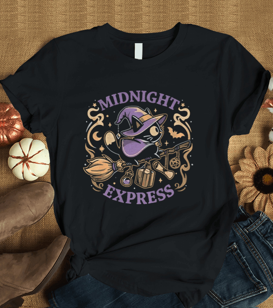Midnight Express Witchy Cat Magic Broom Halloween T-Shirt