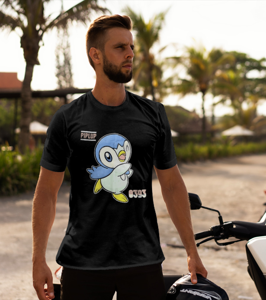 Piplup 0393 Cartoon Penguin Waving Paper Crease Sticker Yellow Feet T-Shirt