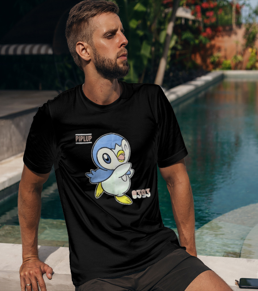 Piplup 0393 Cartoon Penguin Waving Paper Crease Sticker Yellow Feet T-Shirt