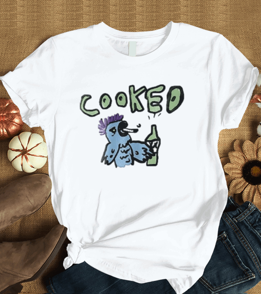Cooked Cartoon Blue Parrot Smoking Cigarette Holding Alcohol Bottle T-Shirt