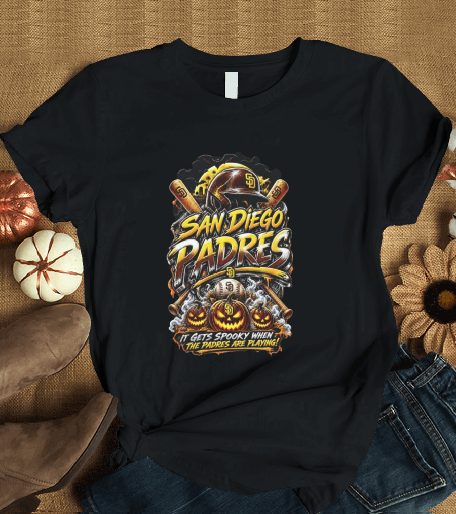 San Diego Padres It Gets Spooky When The Padres Are Playing Halloween Baseball Pumpkins Bats T-Shirt