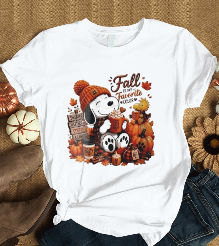 Fall Is My Favorite Color Sweater Weather Coffee Leaves Cozy Days Cartoon Dog Bird Pumpkins T-Shirt