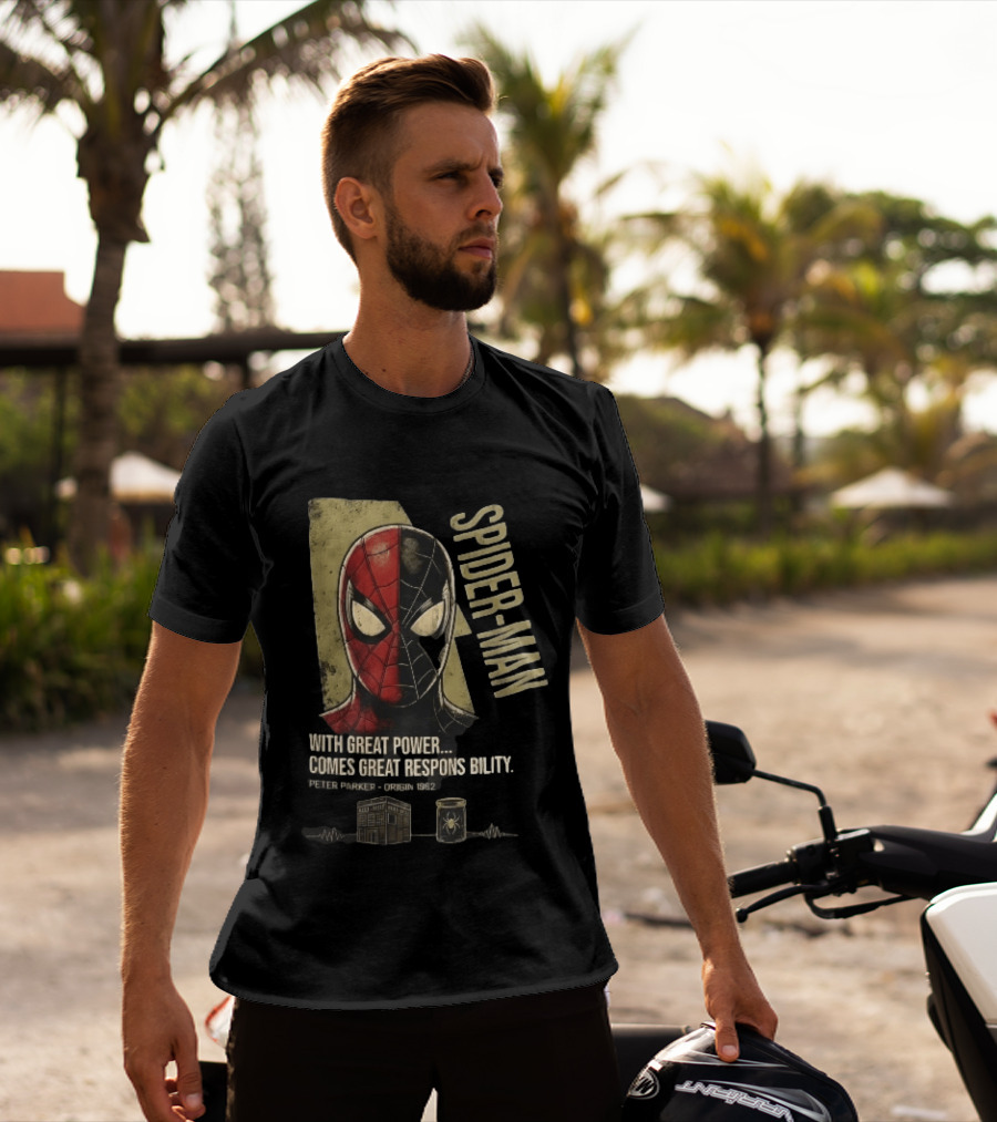 Spider Man With Great Power Comes Great Responsibility Peter Parker Origin 1962 Split Mask T-Shirt