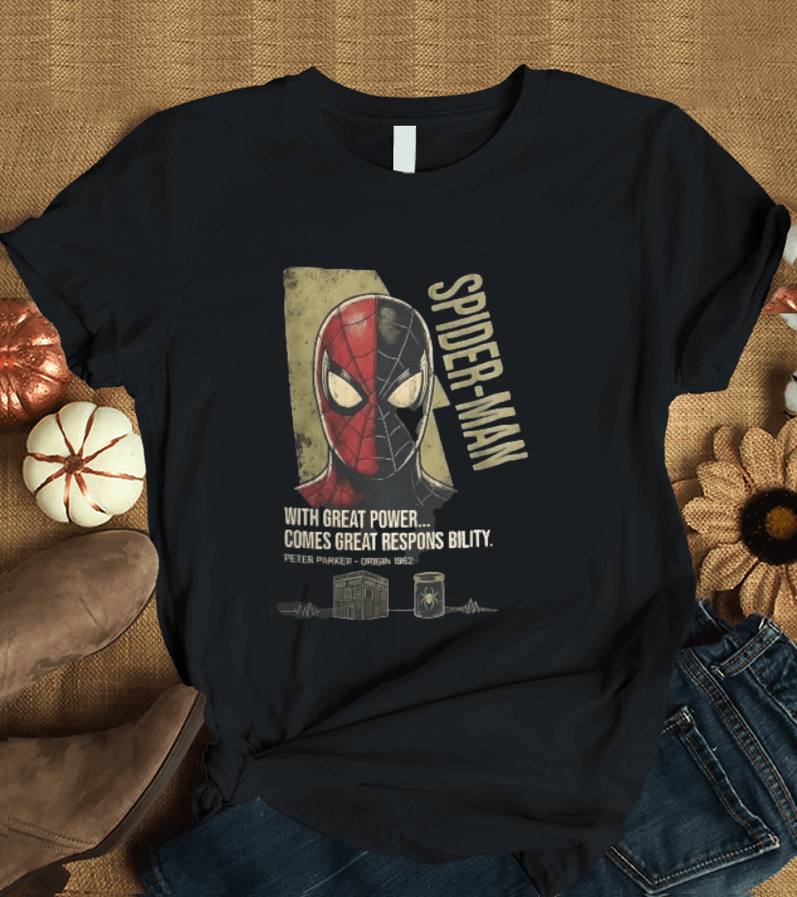 Spider Man With Great Power Comes Great Responsibility Peter Parker Origin 1962 Split Mask T-Shirt