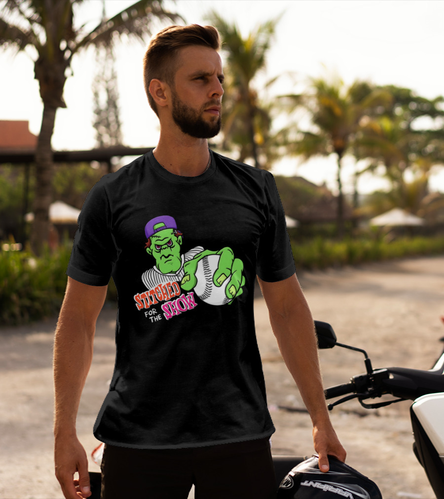 Stitched For The Show Baseball Monster Pitcher Cartoon T-Shirt