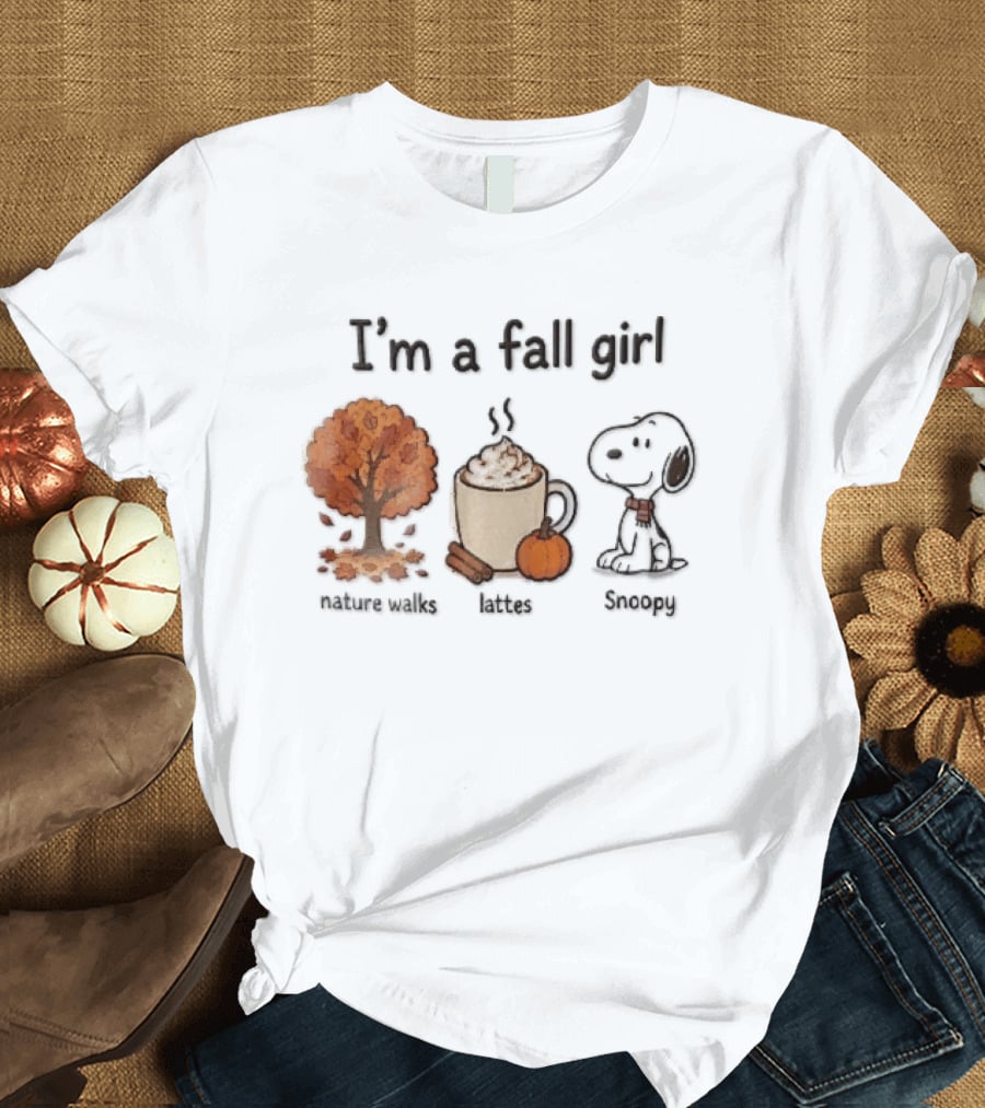 I'm A Fall Girl Nature Walks Lattes Snoopy Autumn Tree Pumpkin Coffee T-Shirt