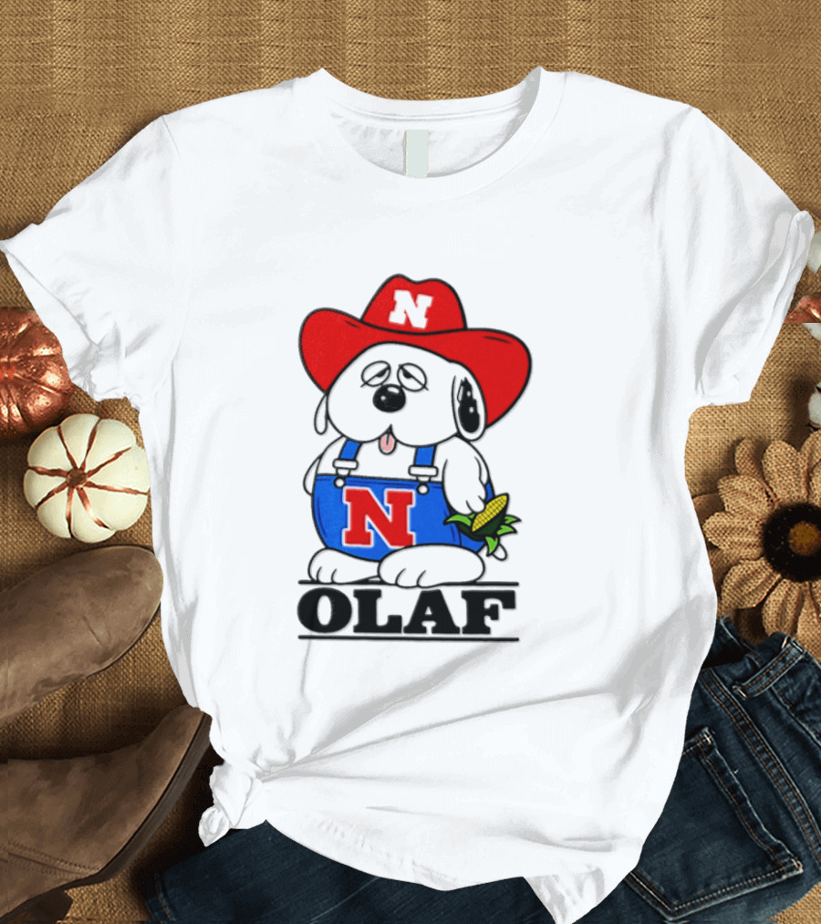 Nebraska Cornhuskers Olaf Dog In Overalls With Corn And Red Hat T-Shirt