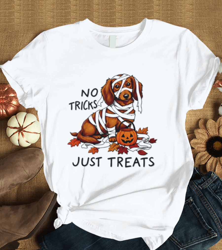 No Tricks Just Treats Dachshund Mummy Halloween Pumpkin Dog T-Shirt