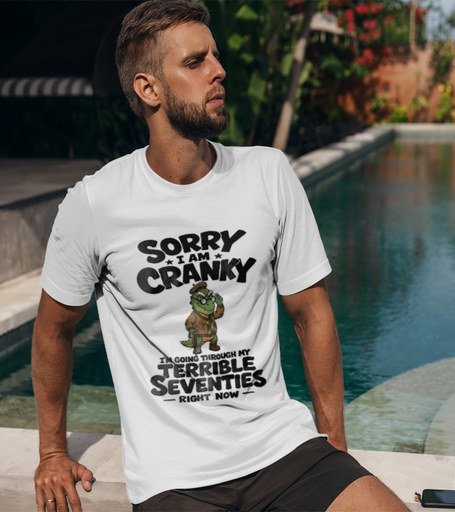 Sorry I Am Cranky Terrible Seventies Cartoon Elderly Alligator Cane Beret T-Shirt