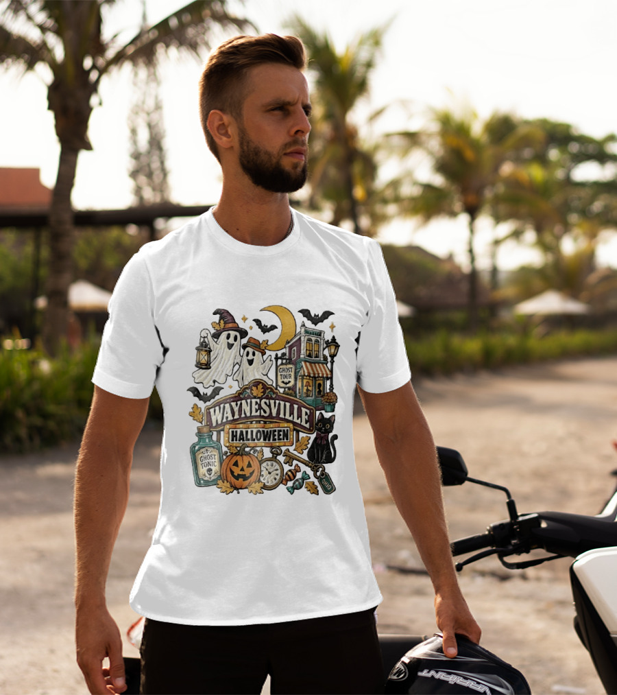 Waynesville Halloween Ghost Tour Ohio Cartoon Pumpkin Black Cat Crescent Moon Ghost Tonic Key T-Shirt