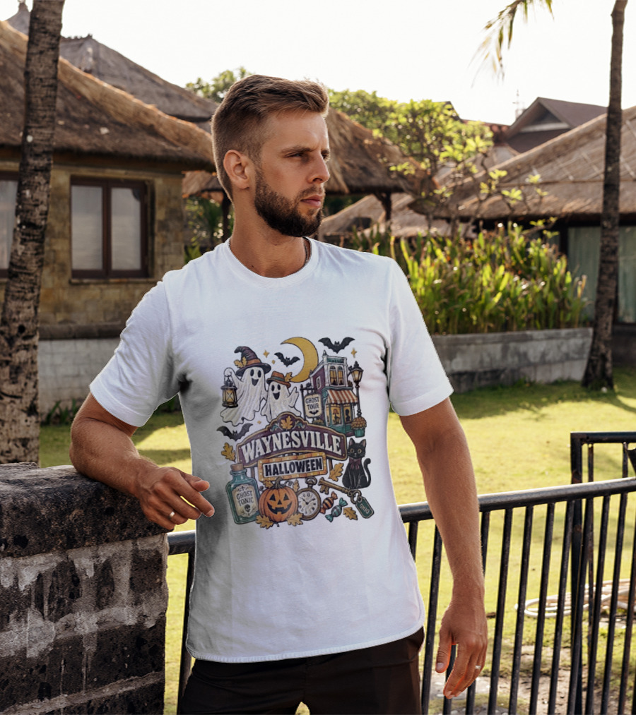 Waynesville Halloween Ghost Tour Ohio Cartoon Pumpkin Black Cat Crescent Moon Ghost Tonic Key T-Shirt