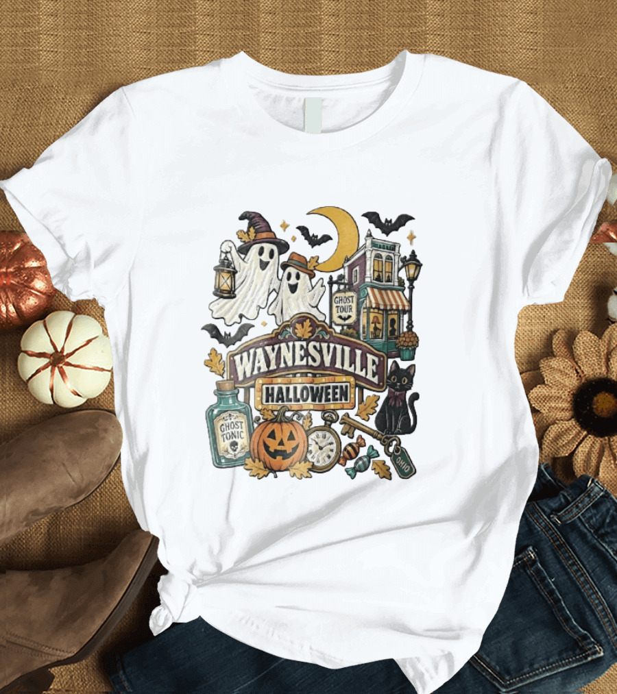 Waynesville Halloween Ghost Tour Ohio Cartoon Pumpkin Black Cat Crescent Moon Ghost Tonic Key T-Shirt