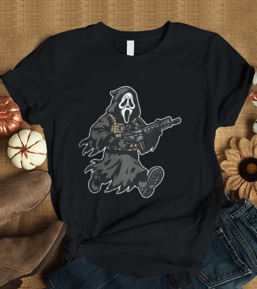 Cartoon Hooded Tactical Ghost Mask Running Assault Rifle T-Shirt