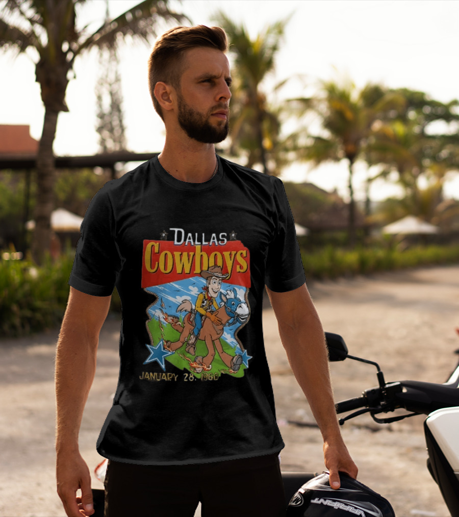 Dallas Cowboys Woody Riding Toy Horse Flames Stars January 28 1960 T-Shirt