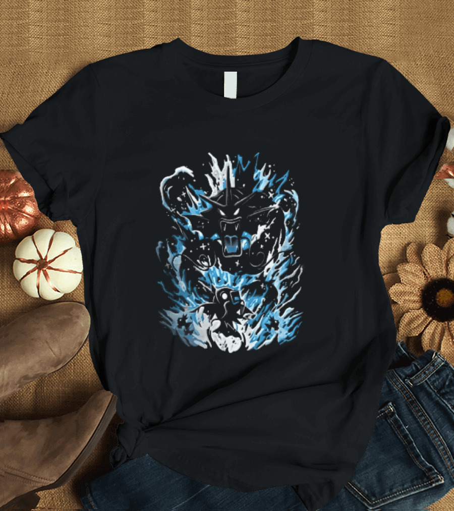Dark Cartoon Red Gyarados Gold Magikarp Splashing Water Waves Pokémon Collection T-Shirt