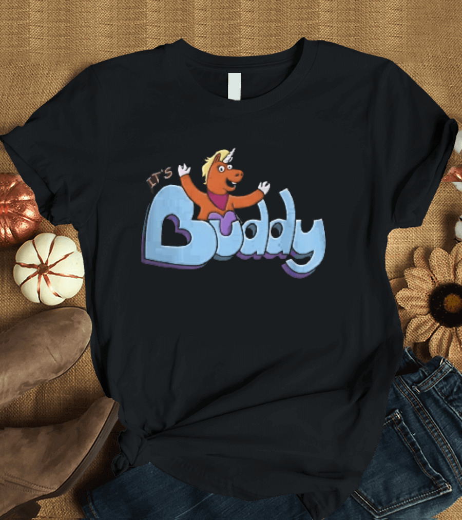 Its Buddy Cartoon Orange Unicorn Horse Purple Scarf Raised Arms T-Shirt