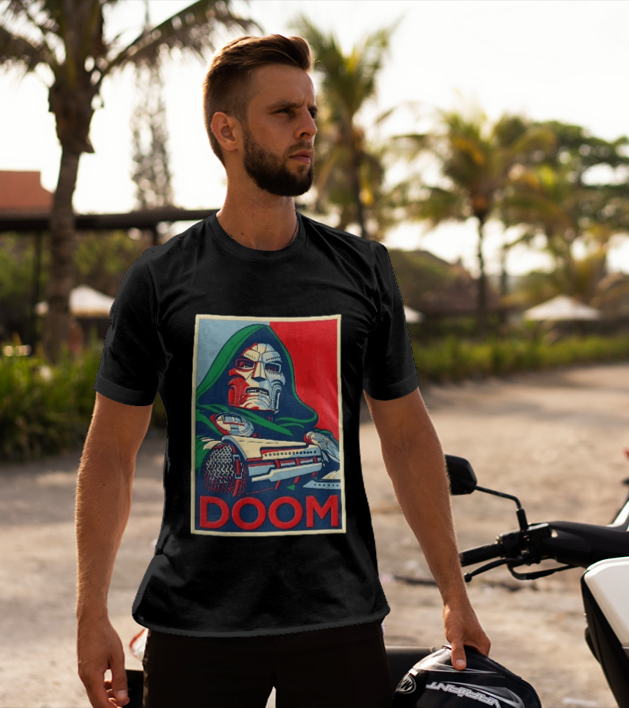 Doom Supervillain Mask Hooded Armored Gauntlets Red Blue T-Shirt