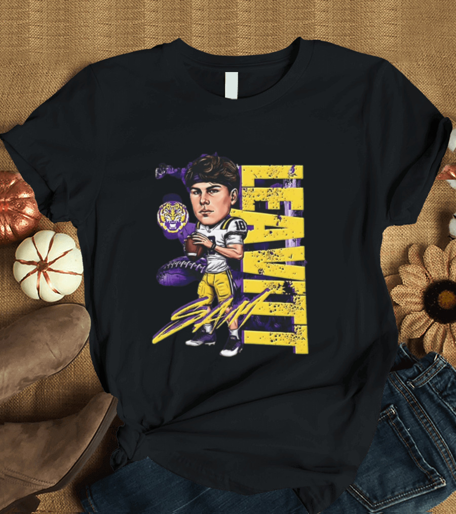Sam Levis LSU Tigers Football Player Caricature Leavitt 18 Signature T-Shirt