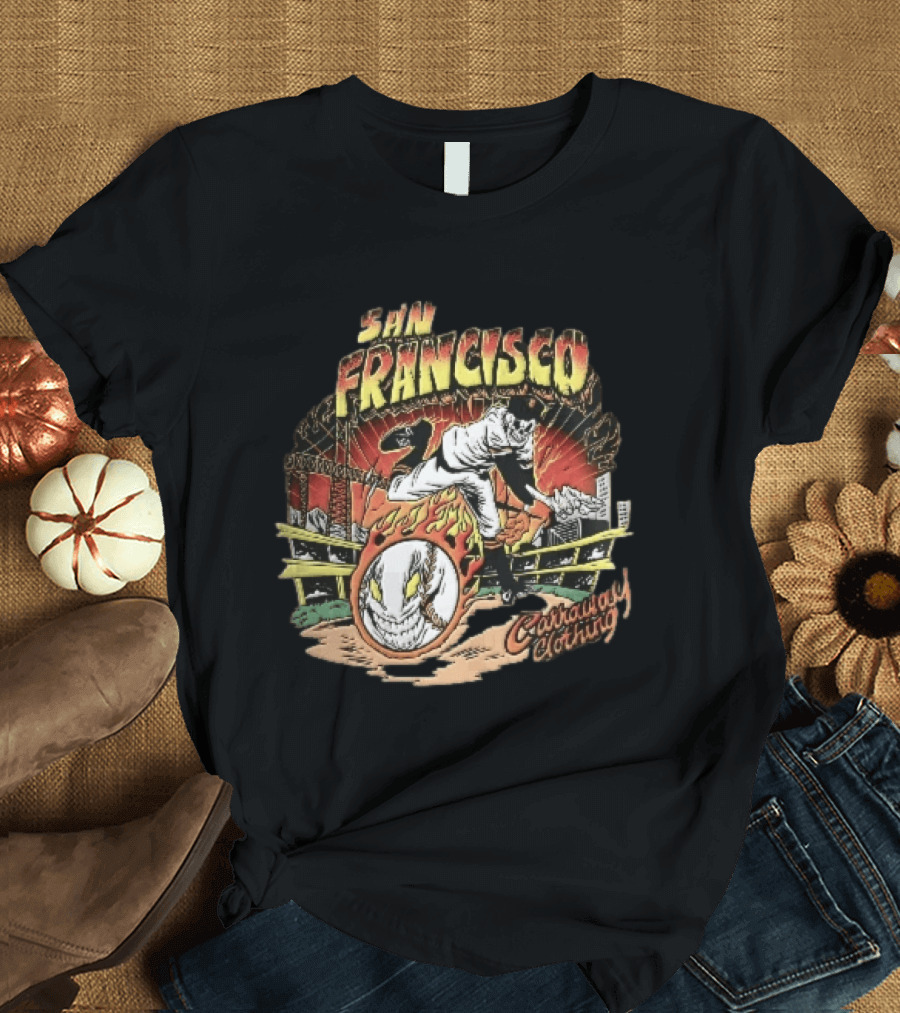 San Francisco Giants Skeleton Pitcher Flaming Baseball Golden Gate Bridge Carraway Clothing T-Shirt