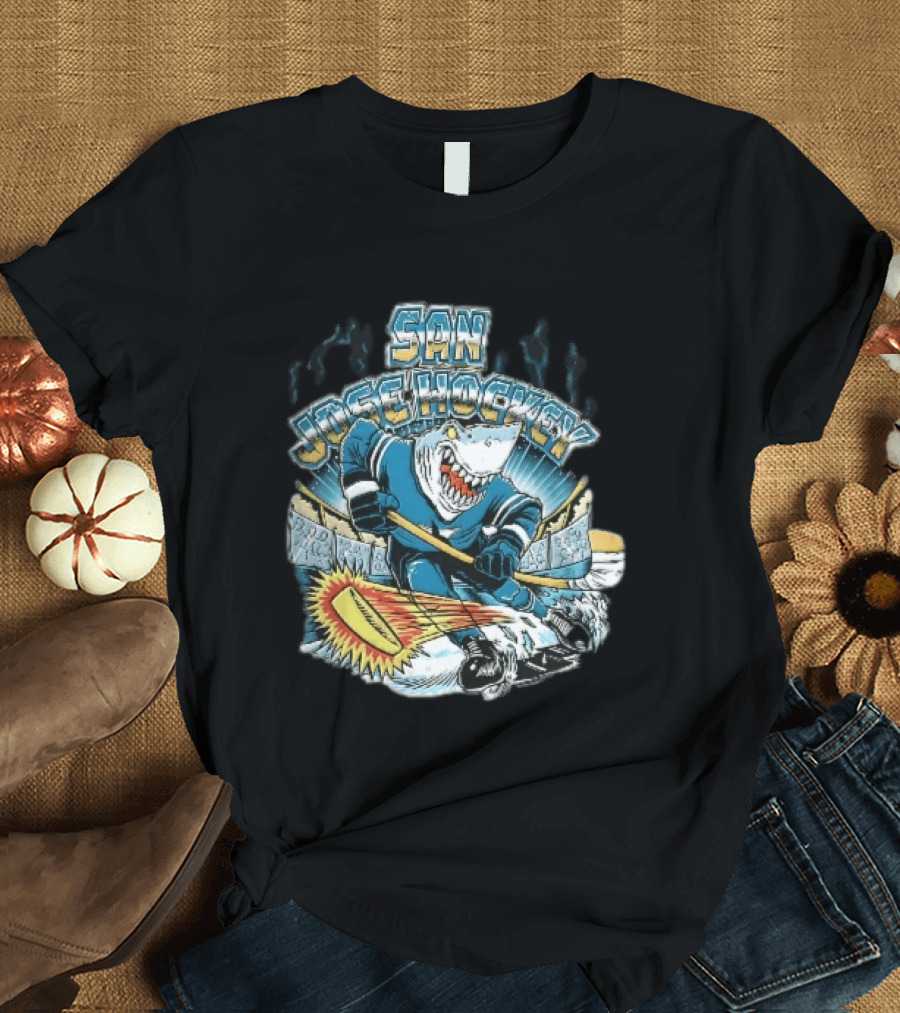 San Jose Hockey Cartoon Skating Shark Flaming Puck Ice Rink T-Shirt