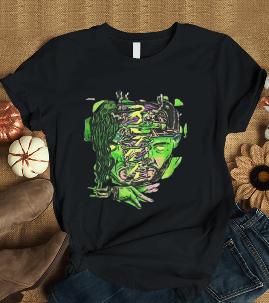 Split Green Head Glowing Yellow Eyes Neon Cartoon Halftone T-Shirt